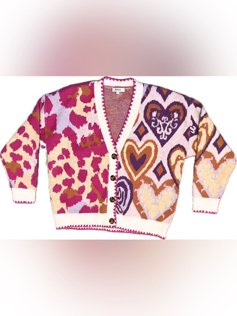 Avara Leslie Pink Cream Mixed Heart Leopard Knit Cardigan - Size S Oversized